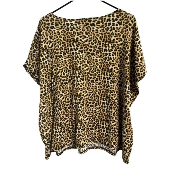 OBJEX Dark Brown Leopard Print Blouse Size M Short Sleeve Animal Print T-Shirt - Picture 2 of 10